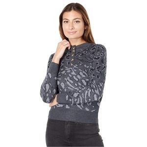 New! Heartloom Natalia Leopard Animal Print Henley Pullover Knit Wool Sweater